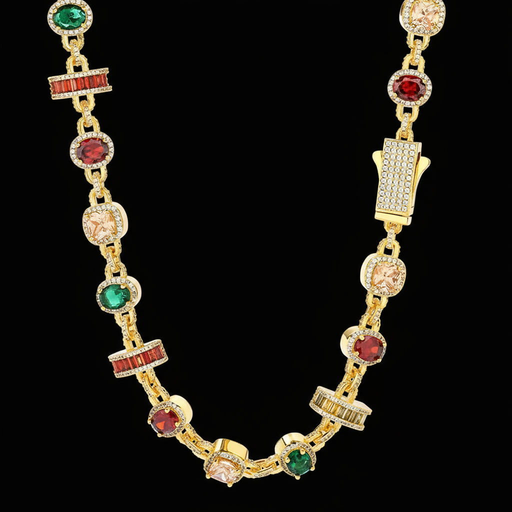 Gold necklace with colorful gemstones on a black background